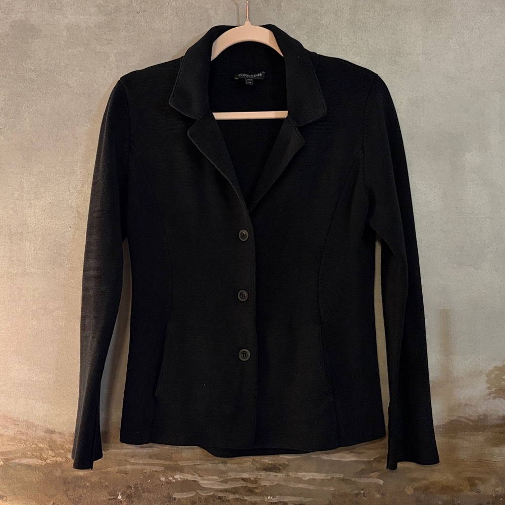 Eileen Fisher Petite S Black Button Front Silk Cotton Sweater Jacket Cardigan